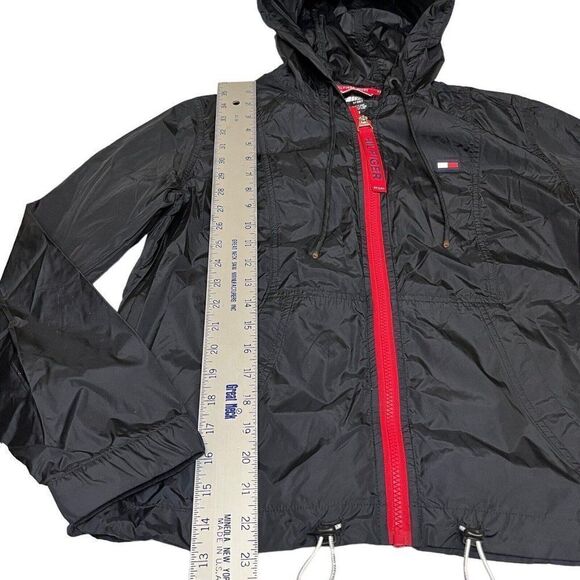 Tommy Hilfiger Sport Women's M Jacket Hooded Windbreaker Full Zip Black Red Flag - Picture 2 of 10